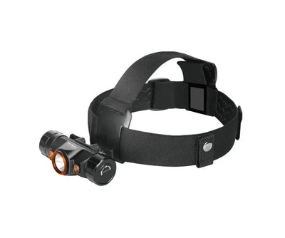OrcaTorch Mazu TD01 headlamp fitted to its head strap, angled view