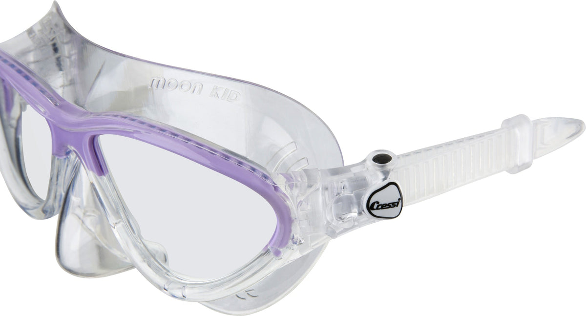 Clear Moon kids' mask with a lilac frame and the strap trailing behind it