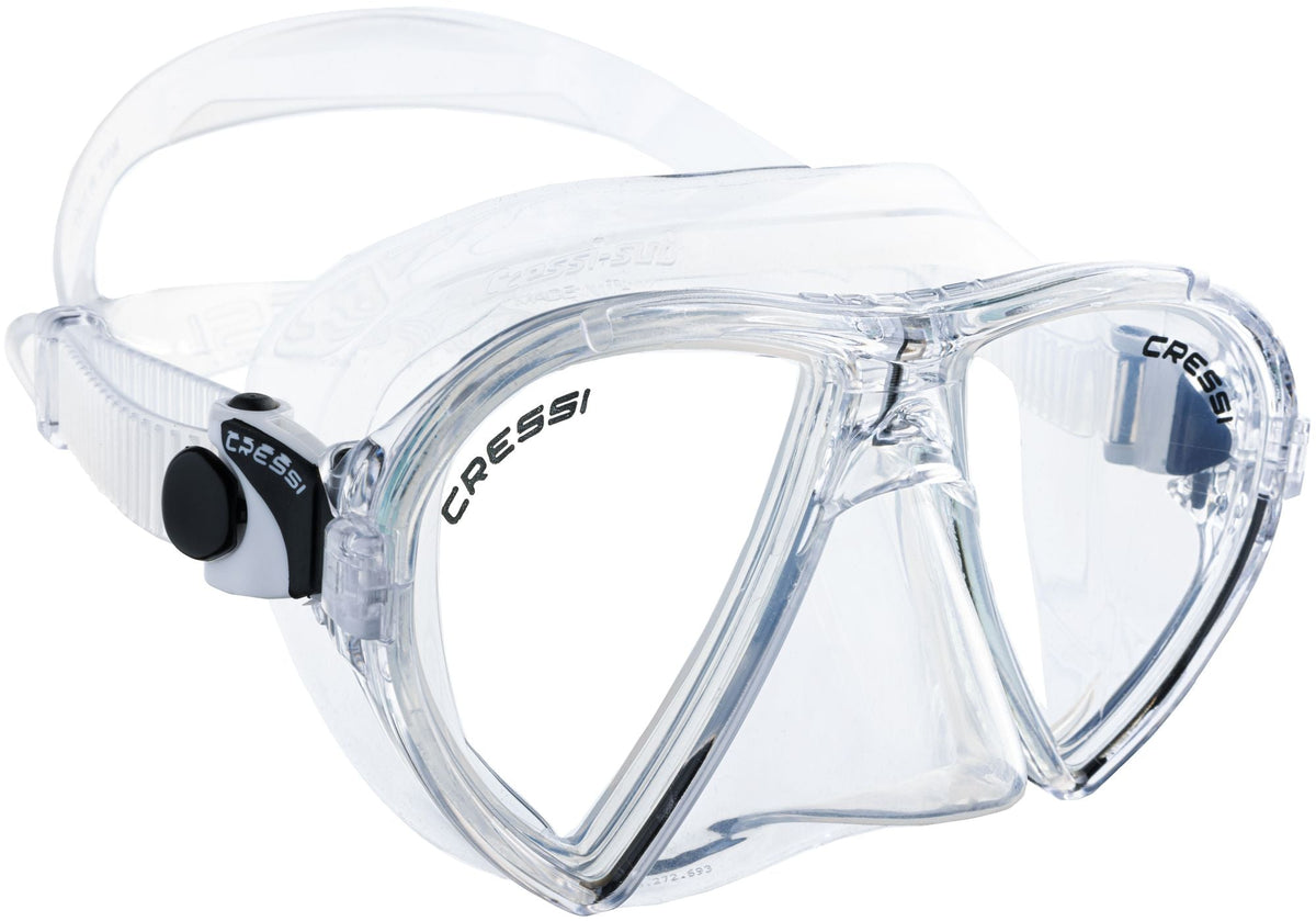 Clear Ocean mask with twin lenses and a clear strap, angled slightly to the left