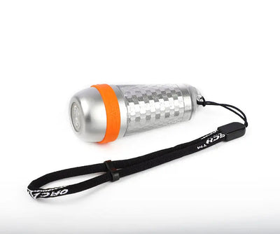 OrcaTorch SD03 beacon on its lanyard, full side view
