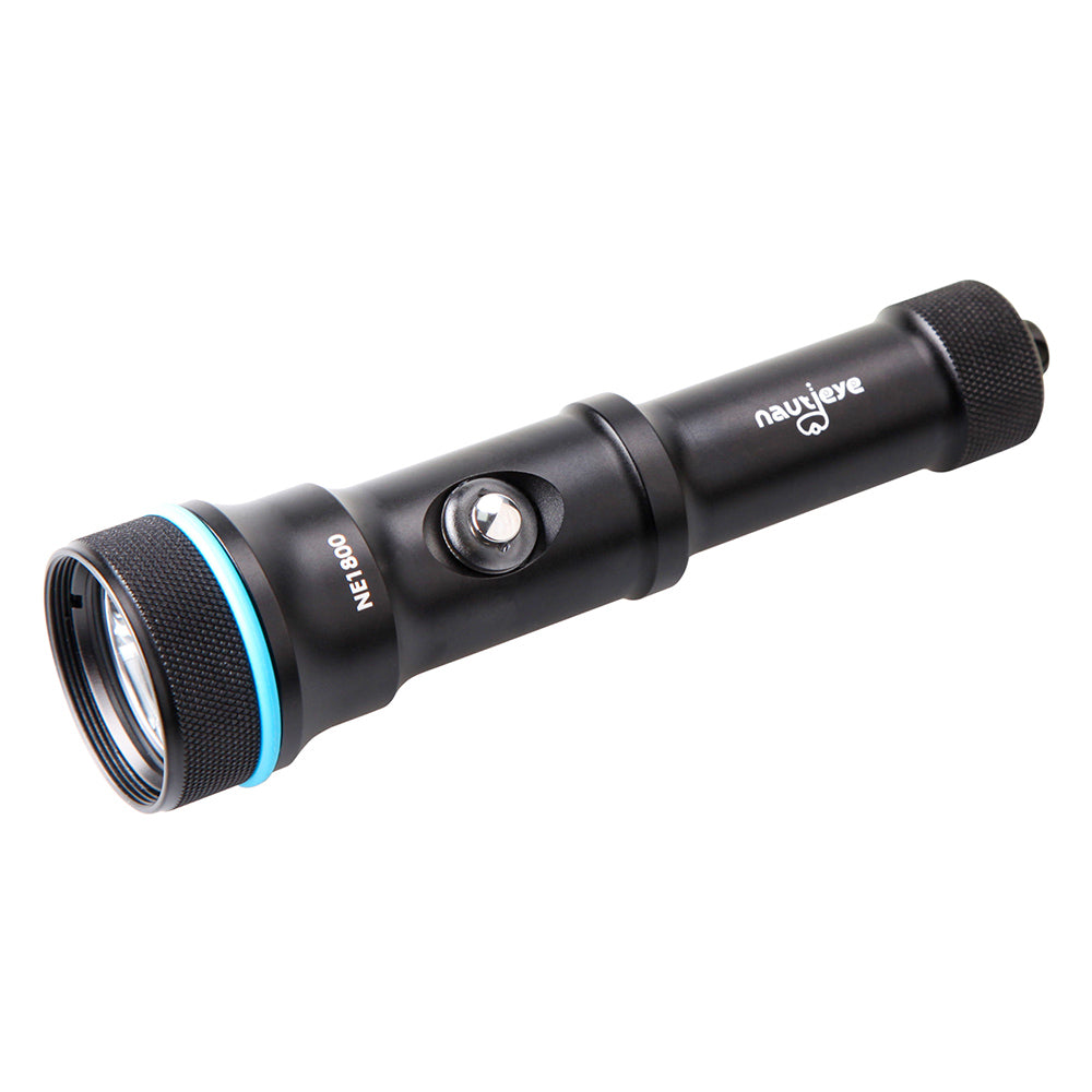 Nautieye NE1800 dive light in black lying on its side, lens and button visible