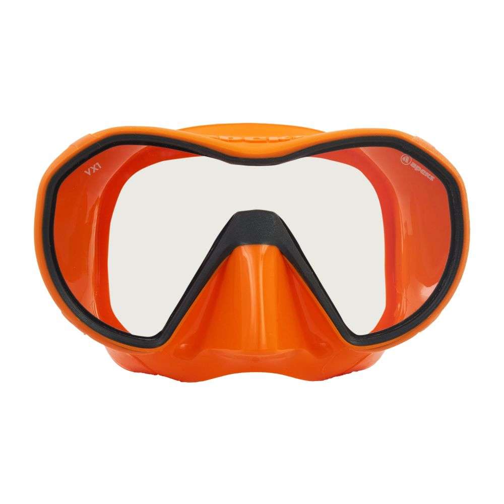 Apeks VX1 frameless dive mask in orange with dark grey trim and a clear lens