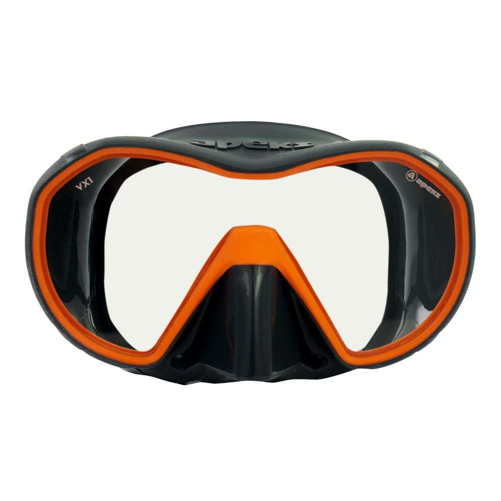 Apeks VX1 frameless dive mask in dark grey with orange trim and a clear lens