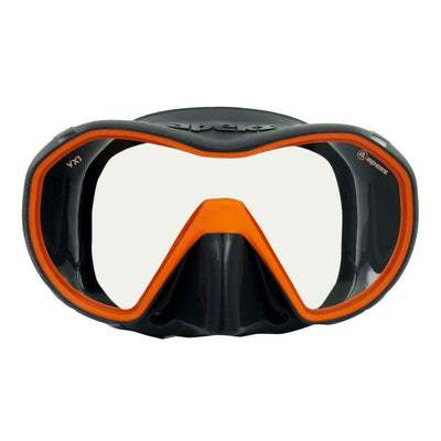 Apeks VX1 frameless dive mask in dark grey with orange trim and a clear lens