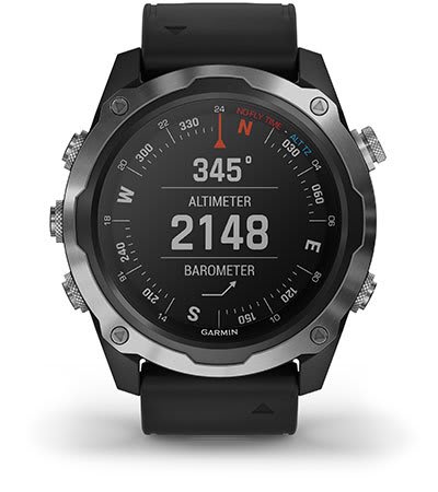 Garmin Descent Mk2i showing the compass and altimeter screen on a titanium case
