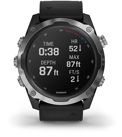 Garmin Descent Mk2i showing dive time, maximum depth and ascent rate