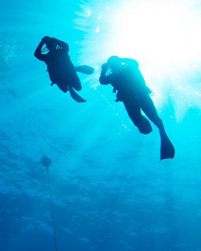 Two divers underwater, one wearing a Garmin Descent Mk2i