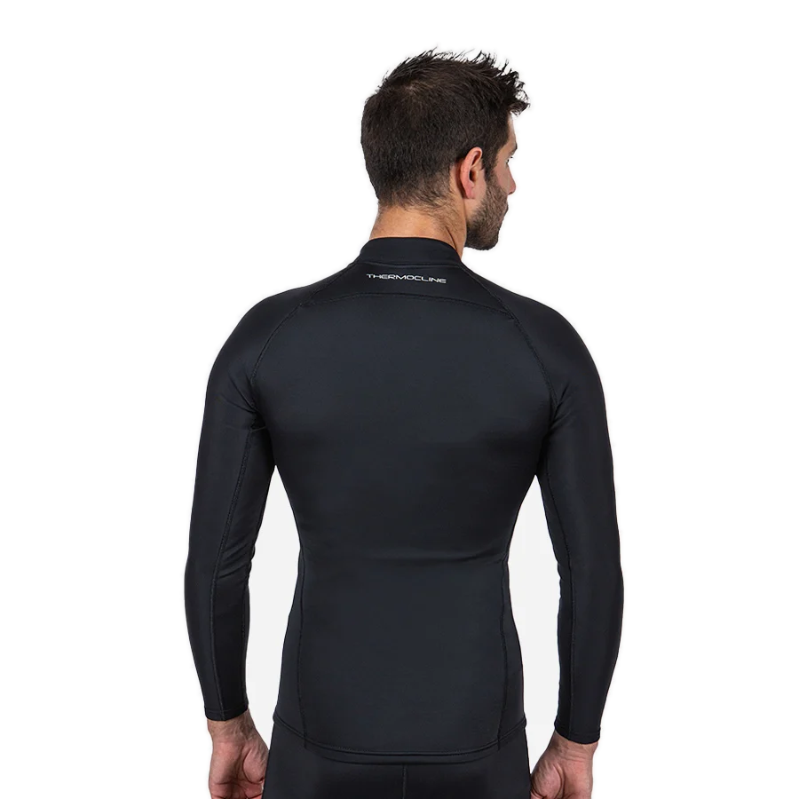 Men's Fourth Element Thermocline jacket in black worn front on with the full-length zip