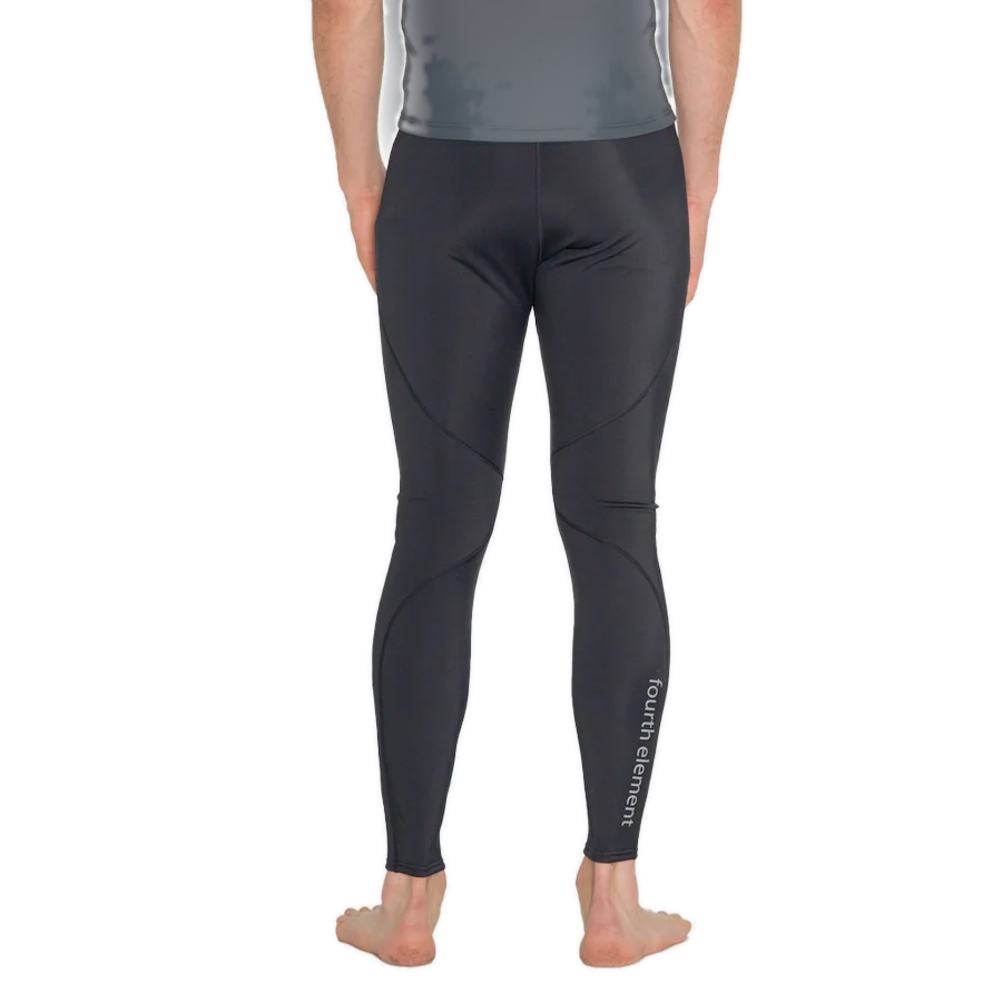 Men's Fourth Element Thermocline leggings in black worn front on with reinforced knee panels