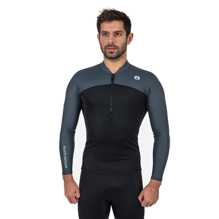 Men's Fourth Element Thermocline long-sleeve top with a front zip, black with grey shoulder panels