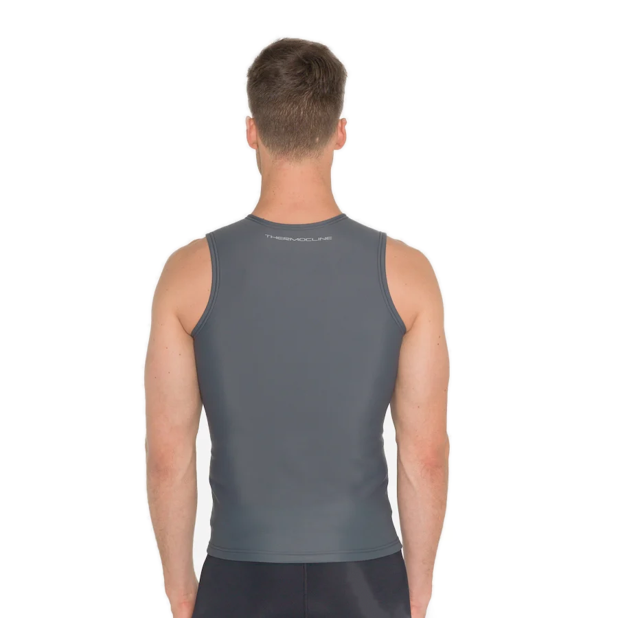 Men's Fourth Element Thermocline vest worn front on, black with a grey shoulder yoke