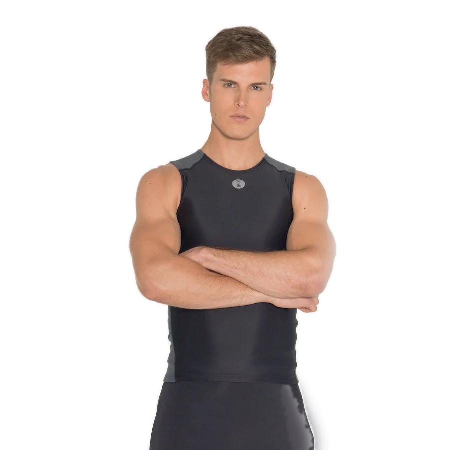 Men's Fourth Element Thermocline vest worn front on, black with a grey shoulder yoke