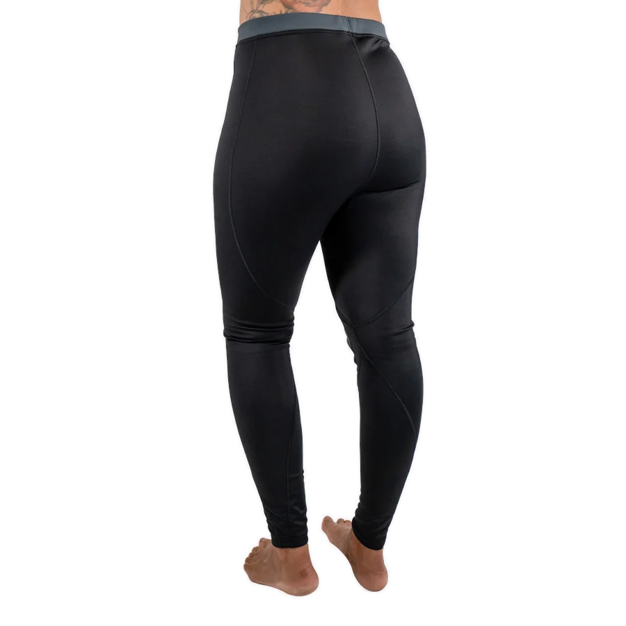 Women's Fourth Element Thermocline leggings in black with a grey waistband, seen from the front