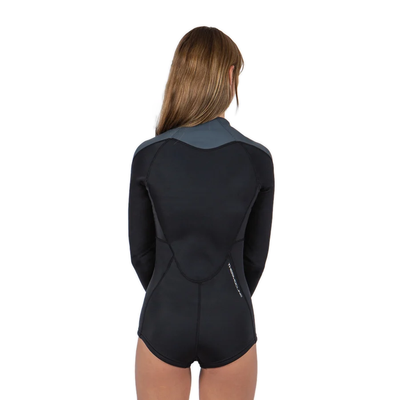 Back of the women's Fourth Element Thermocline long-sleeve swimsuit showing the high-cut leg
