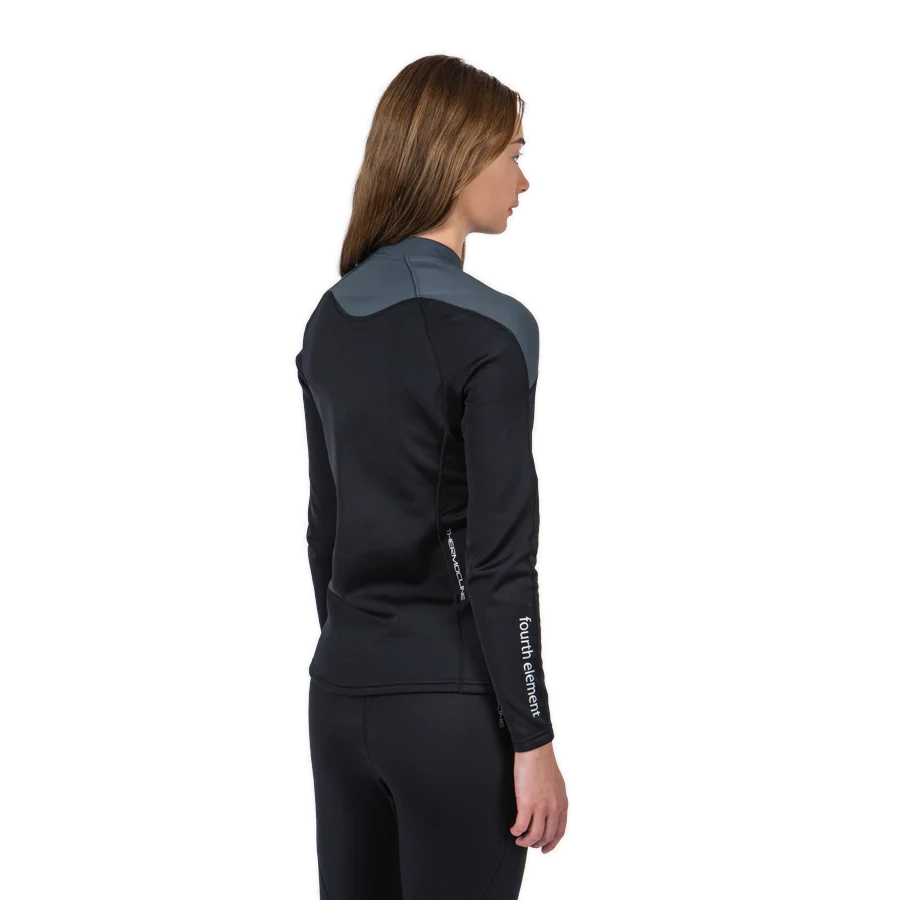 Women's Fourth Element Thermocline long-sleeve top with a front zip, black with grey shoulder panels