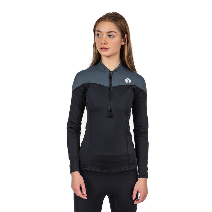 Women's Fourth Element Thermocline long-sleeve top with a front zip, black with grey shoulder panels