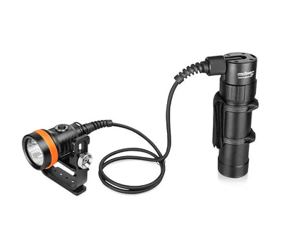 OrcaTorch D630 V2.0 light head and canister joined by the umbilical cable, side view