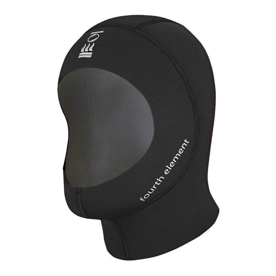 Fourth Element 3mm neoprene dive hood in black, shown in three-quarter view with the shoulder bib attached