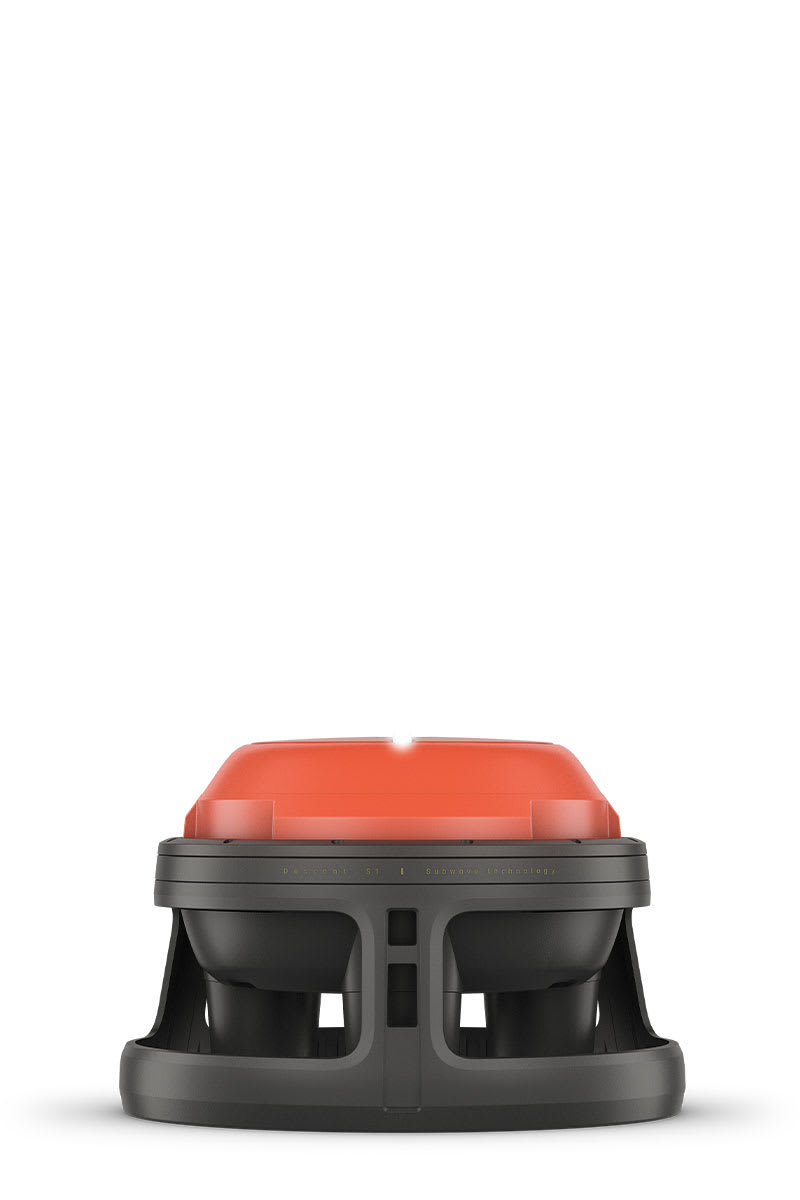 Garmin Descent S1 Buoy, angled view of the orange top on its dark grey frame