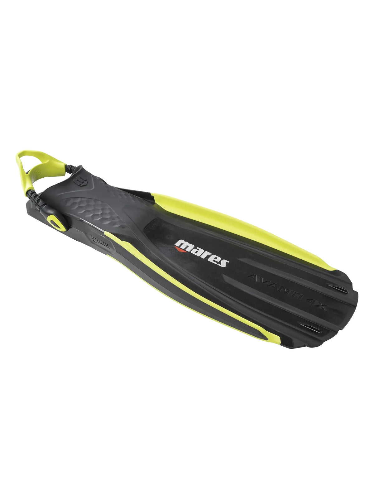 Mares Avanti Quattro 4X fin in black and fluo yellow, angled view