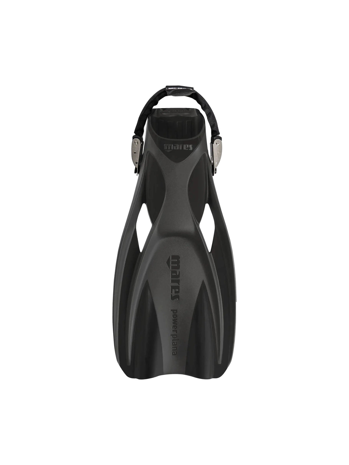 Mares Power Plana Tec fin in black, top view with spring strap fitted