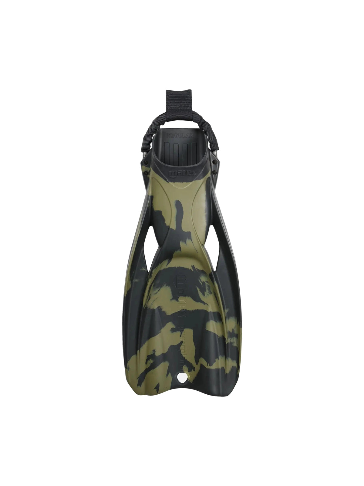Mares Power Plana Tactical Green fin in camouflage green, top view with spring strap