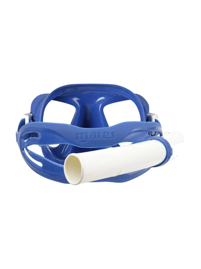 Mares X-Tream freediving mask in blue, rear view with snorkel in the strap holder