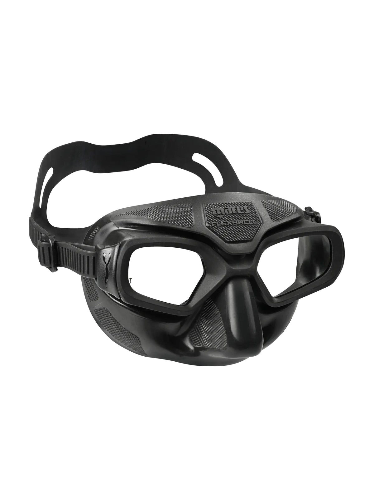 Mares FlexShell freediving mask in black, angled front view