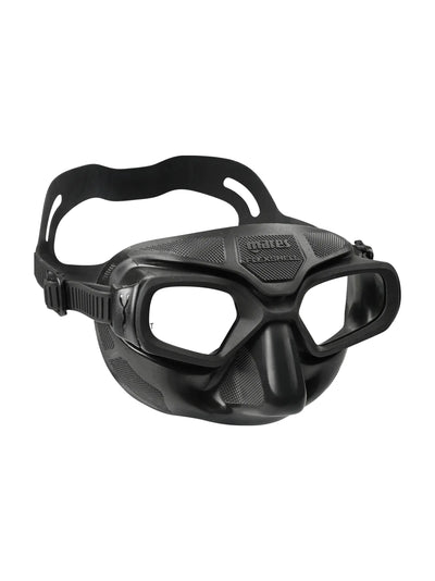 Mares FlexShell freediving mask in black, angled front view