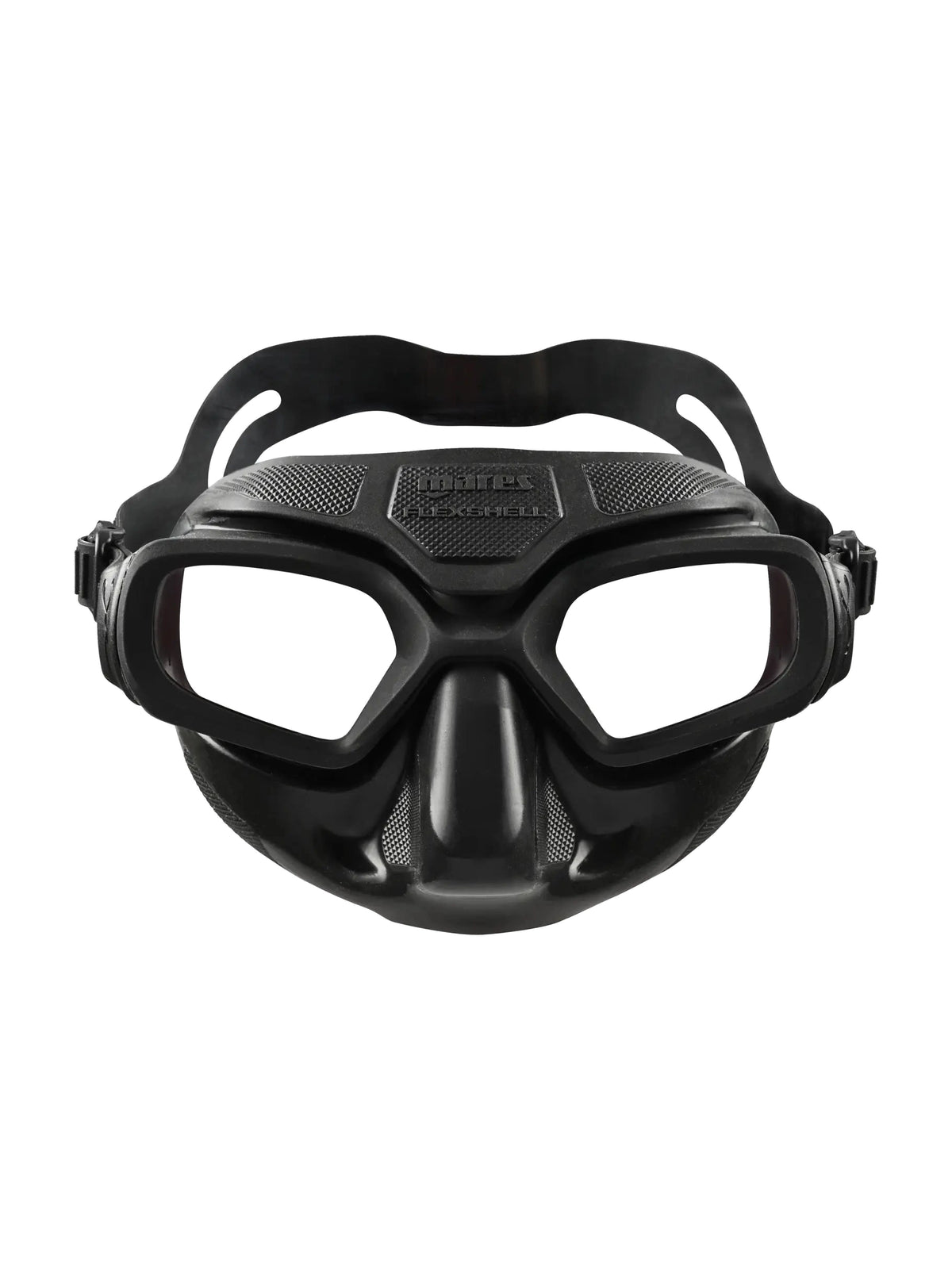 Mares FlexShell freediving mask in black, angled front view