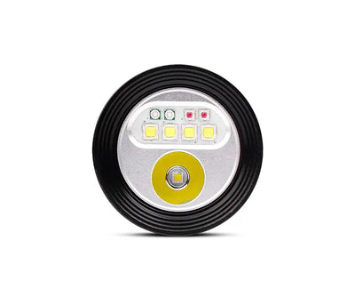 OrcaTorch D900V seen head-on, close-up of the white, red and ultraviolet emitters