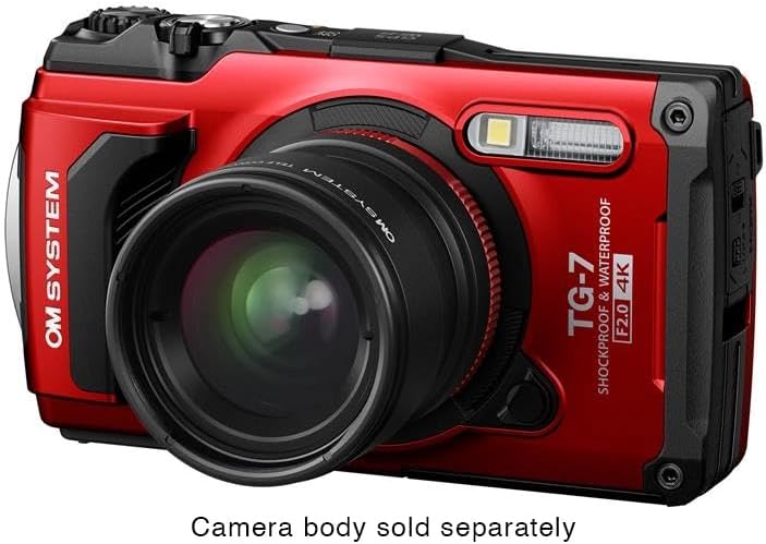 Converter lens fitted to a red OM System Tough TG-7, captioned to note the camera body is sold separately
