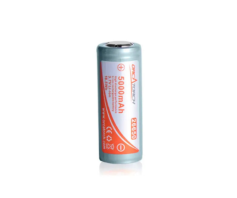 OrcaTorch 26650 rechargeable cell standing upright, showing the 5000mAh label