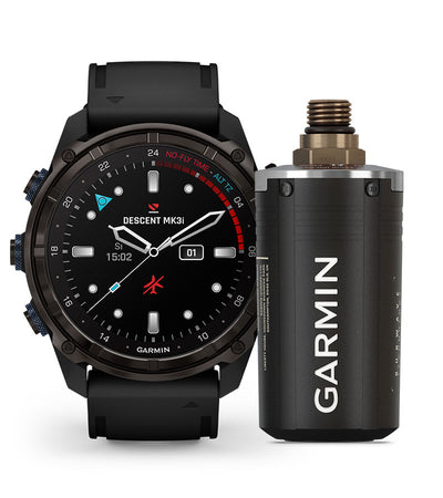 Garmin Descent T2 transceiver shown beside a Descent Mk3i dive computer