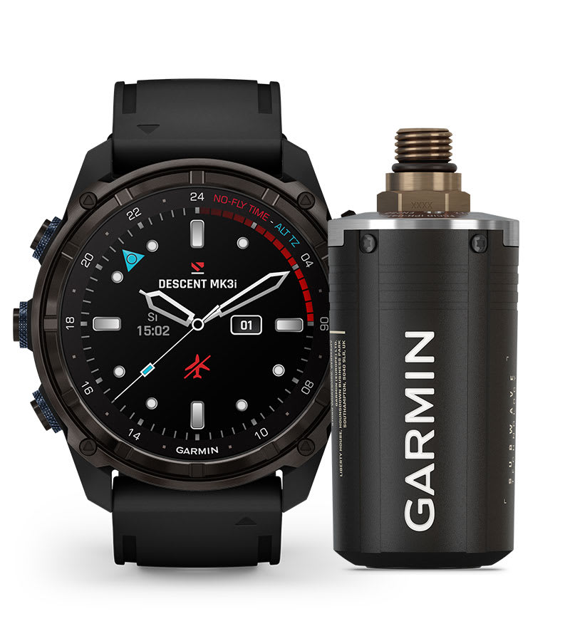 Garmin Descent T2 transceiver shown beside a Descent Mk3i dive computer