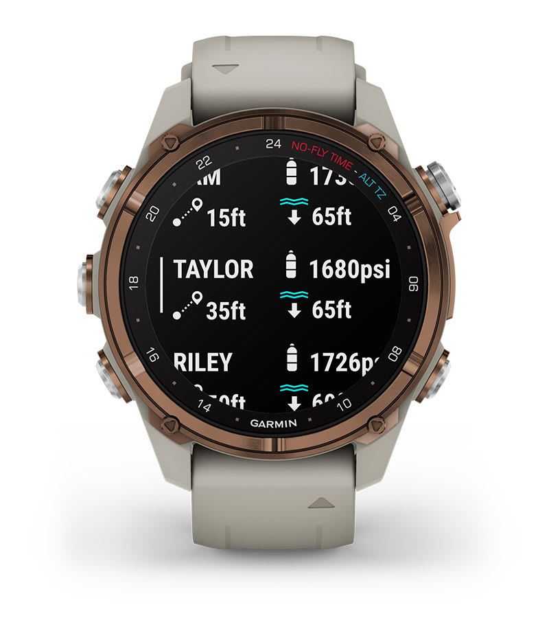 Garmin Descent Mk3i in Bronze titanium on a light grey band, showing two divers' tank pressures
