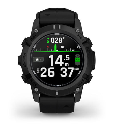 Garmin Descent G2 in black, front view showing an in-dive air screen at 14.5 metres
