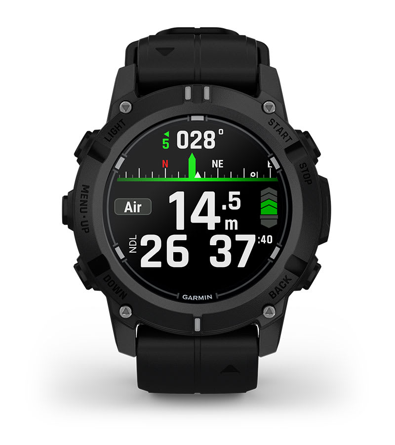 Garmin Descent G2 in black, front view showing an in-dive air screen at 14.5 metres