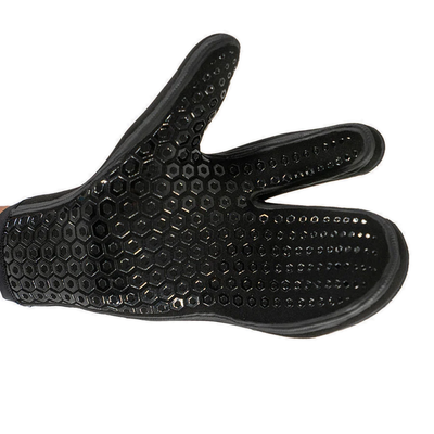 Palm of a black Fourth Element 7mm Hydrolock three-finger mitt showing the hexagonal grip print