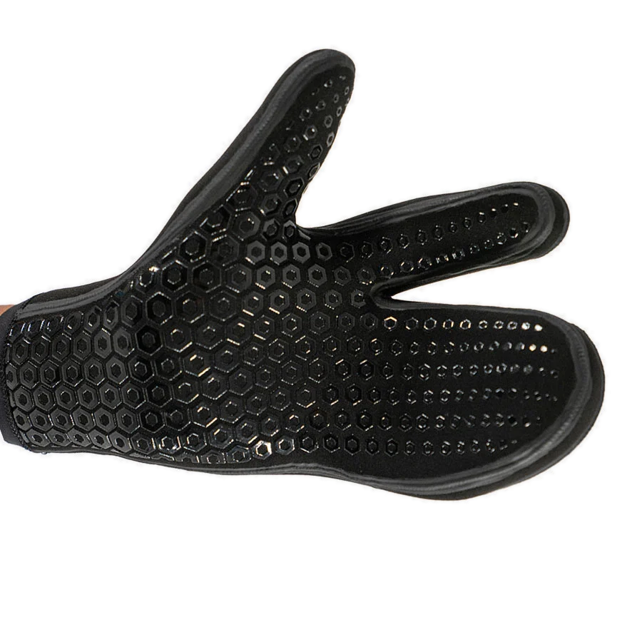 Pair of black Fourth Element 7mm Hydrolock three-finger dive mitts worn on the hands
