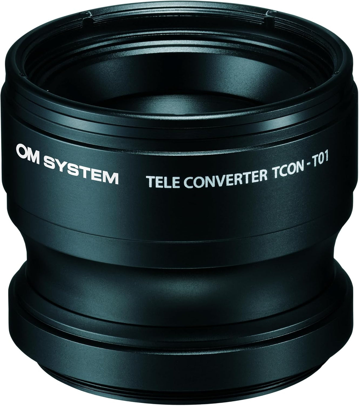 OM System TCON-T01 tele converter lens, front view showing the mount and front element