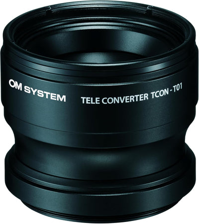 OM System TCON-T01 tele converter lens, front view showing the mount and front element