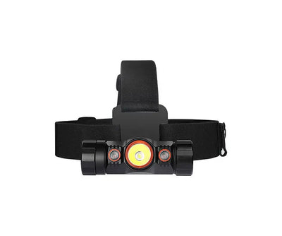 OrcaTorch Mazu TD01 headlamp on its strap, front view of the white and red LEDs