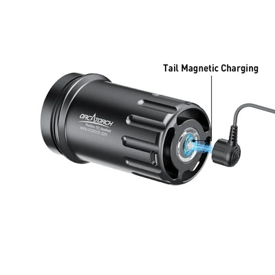 OrcaTorch B49 battery pack with the magnetic charging lead held to its tail contact