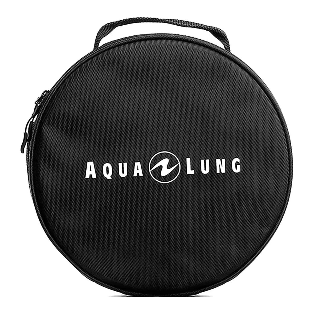 Aqua Lung Explorer II regulator bag, round black padded case shown closed with the carry handle on top