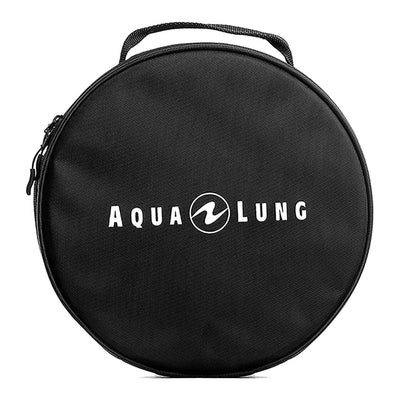 Aqua Lung Explorer II regulator bag, round black padded case shown closed with the carry handle on top