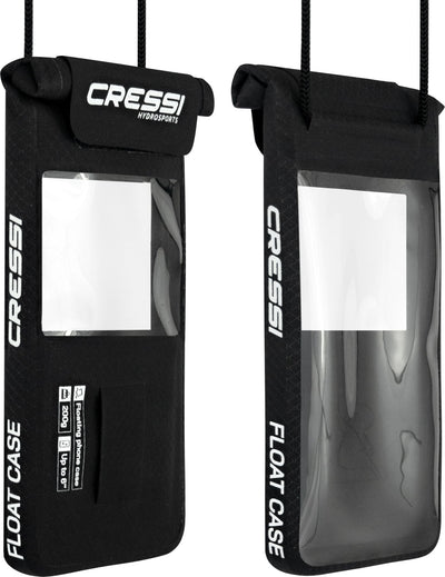 Float Case pouch shown front and back with the clear window and neck lanyard
