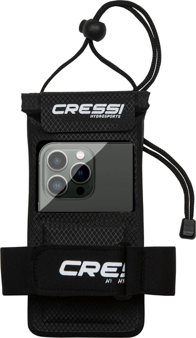 Float Case dry phone pouch with a phone inside and the black arm strap fitted