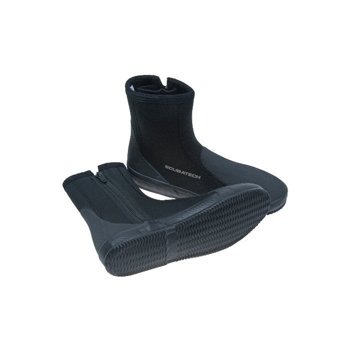 Scubatech 5 mm neoprene dive boots in black with side zip and ribbed sole