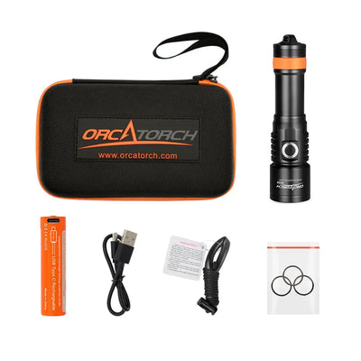 OrcaTorch D530 kit laid out with its carry case, 18650 cell, USB-C cable and spare O-rings